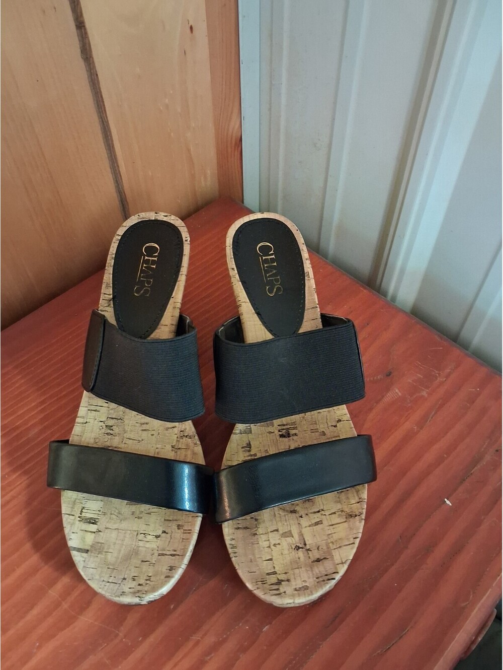 Chaps Womens 7.5 Slip On Sandals Black Cork Bed Platform Wedge Heel Shoes Formal